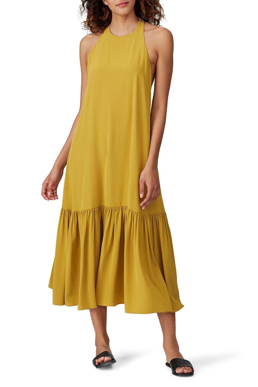 Tibi Eco Silk Yellow Sleeveless Halter Flounce Shift Midi Dress Size 8